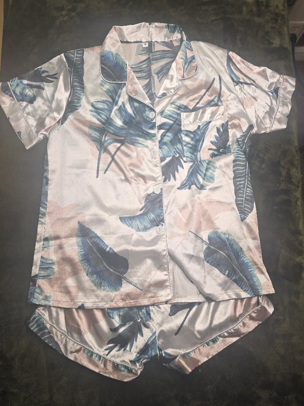 Satin Tropical Palm Leaf Pajama Set Women's M Short Sleeve Button Top + Shorts